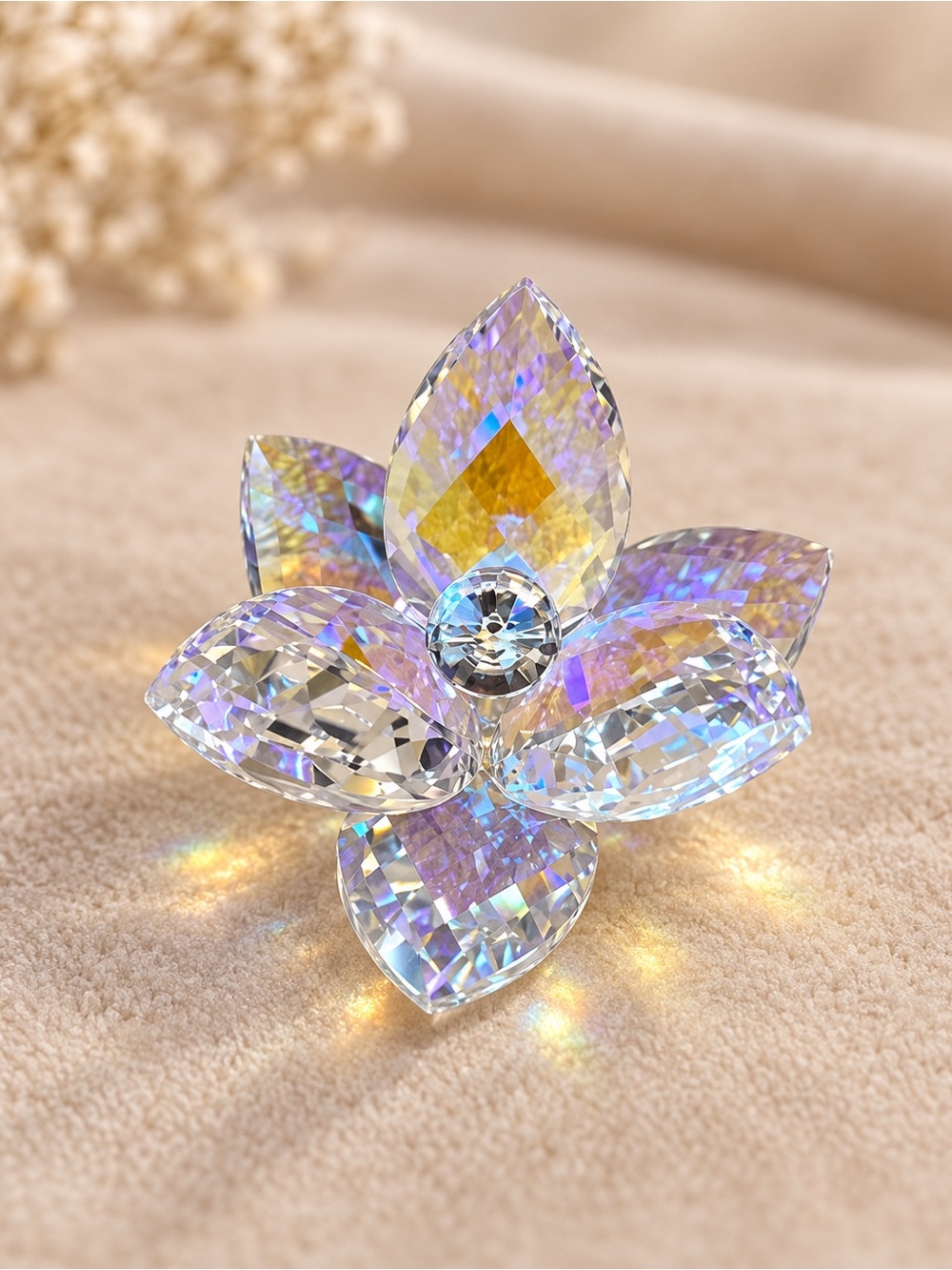 Faceted Clear Crystal Lotus Flower Figurine Prismatic Home Decor - NIB